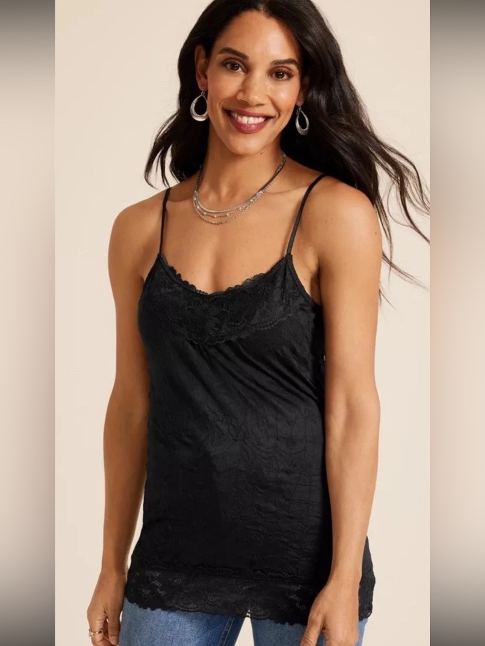 Maurices Y2K Lace Trim Crinkle Black Bella Swan Cami Whimsigoth Dark Fairy SZ.XL